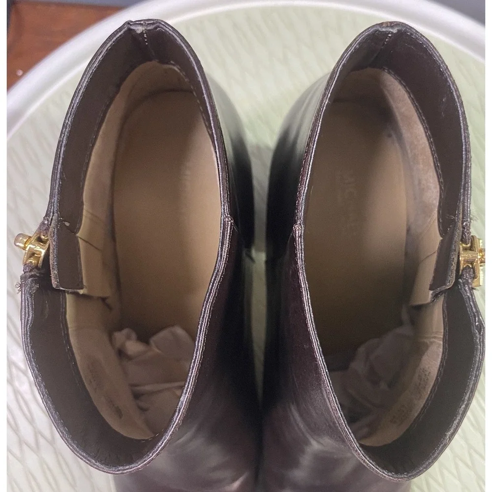 MICHAEL KORS Women Leather Deep Brown Ankle Boot 3.5 inch Heel Gold Hardware 10M